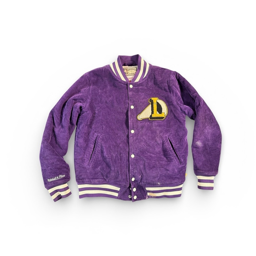 Mitchell Ness Lakers Letterman Jacket Mens Medium Purple Corduroy‎ Sherpa Lined